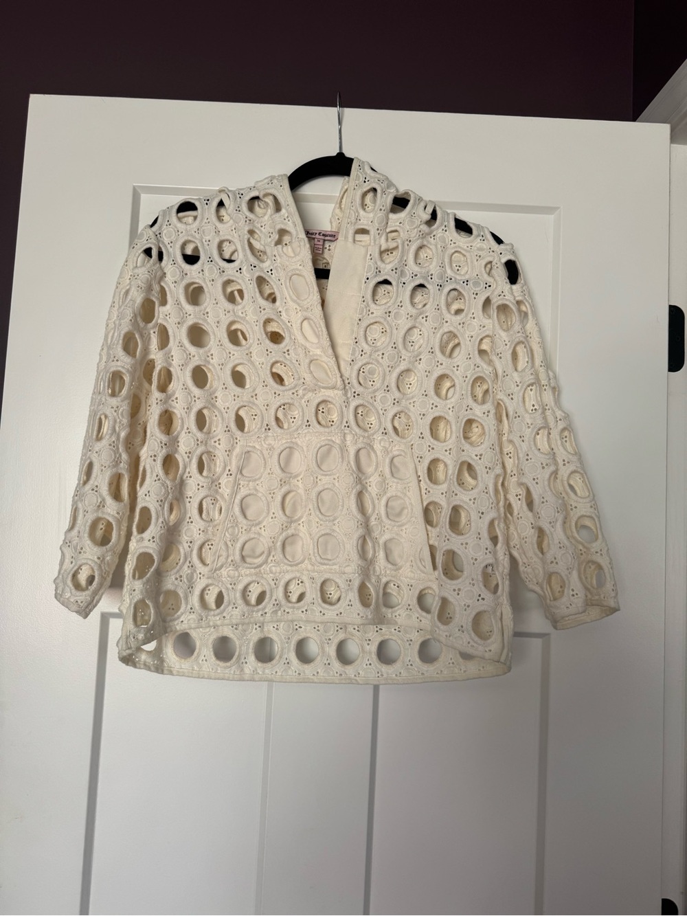 Juicy Couture Ivory Eyelet Cutout Hooded Top Size M